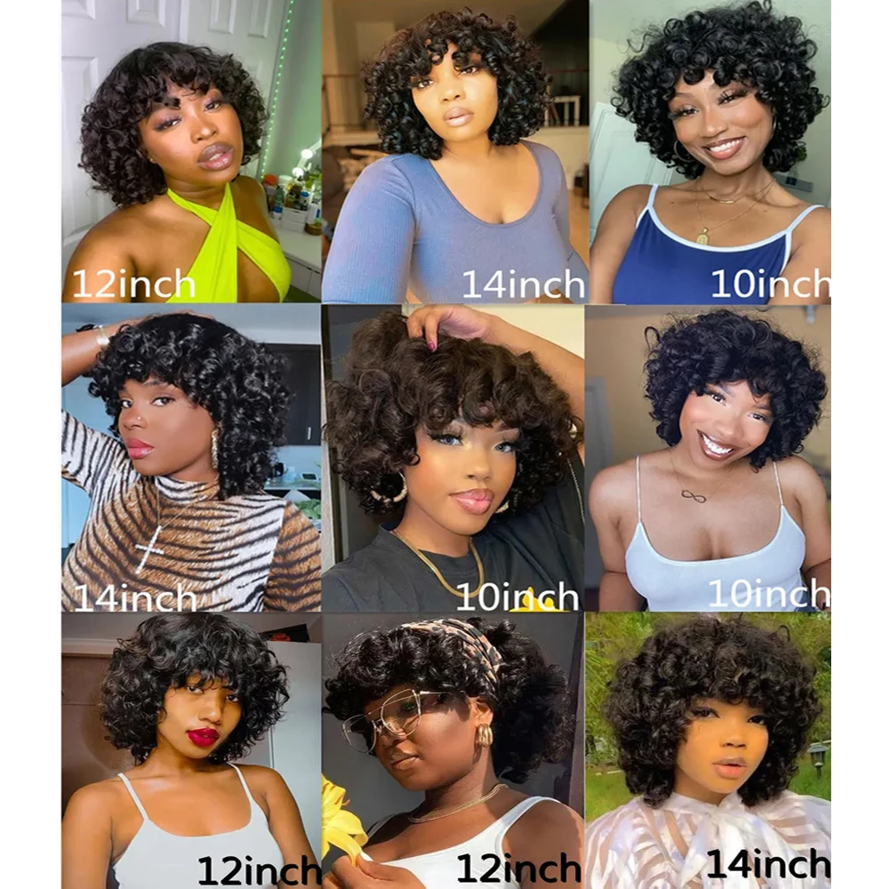 Glueless Bouncy Curly Brazilian Human Hair Wigs With Bangs Machine Made Short Loose Curly Wave Wigs for Women Afro Fringe Wig