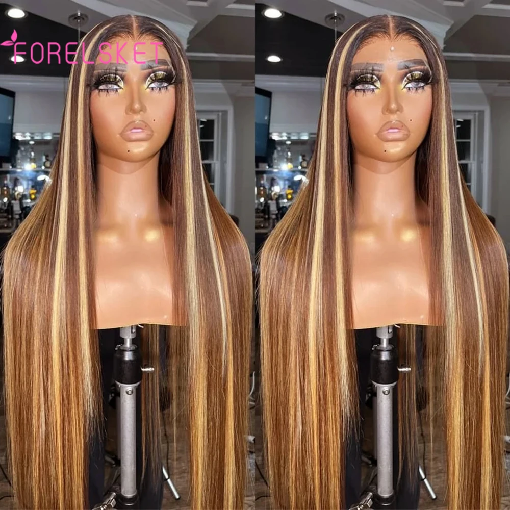 Wig lurus 32 inci rambut manusia depan renda 13x4 Wig Frontal renda Wig berwarna Pirang madu 180% Remy Brasil untuk wanita