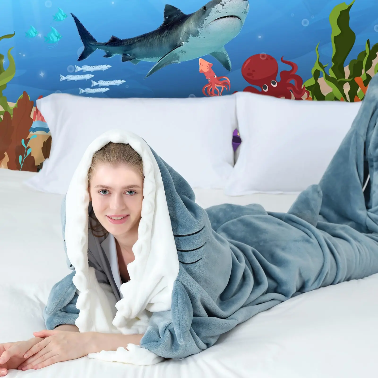 Shark Blanket Hoodie Onesie for Adult & Kid, Wearable Shark Sleeping Bag, Soft Cozy Onesie Costume