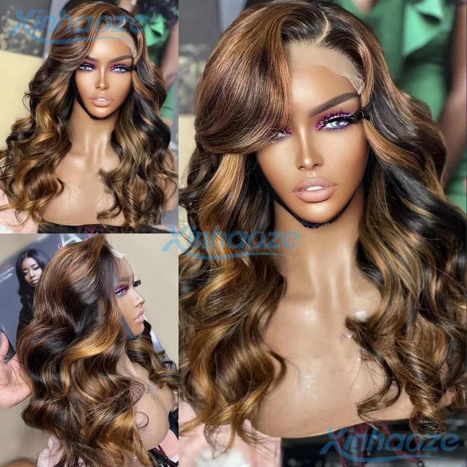 

Highlight #4/27 Brown Blonde Human Hair Body Wavy Glueless 5x5 Silk Top Closure Wigs Pre Plucked 13x4/360 Full Lace Wave Wigs