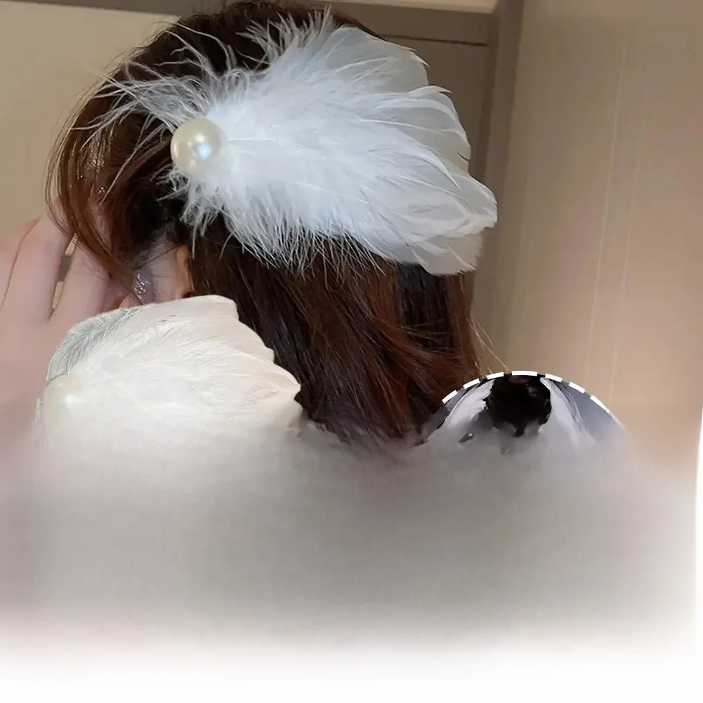 Épingle à cheveux en plumes de fz blanches pour filles, vêtements de sauna, style ballet, performance sur scène, pince latérale, fête, fausse perle, accessoires, 2 pièces