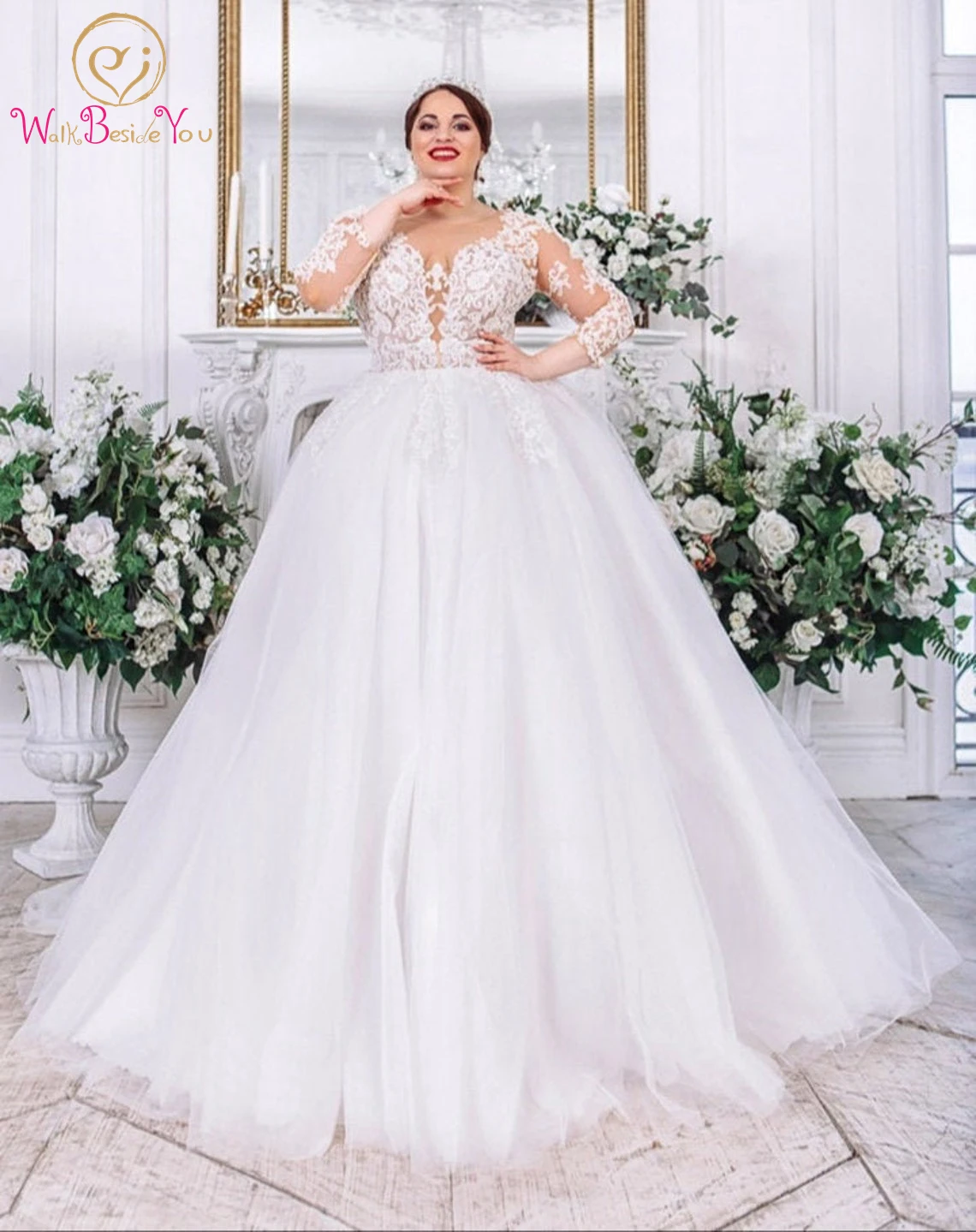 Ivory-nude Sheer Neck Wedding Dresses Plus Size 2024 A Line Tulle Lace Appliques Beaded Long Floor Length Bride Gown with Sleeve