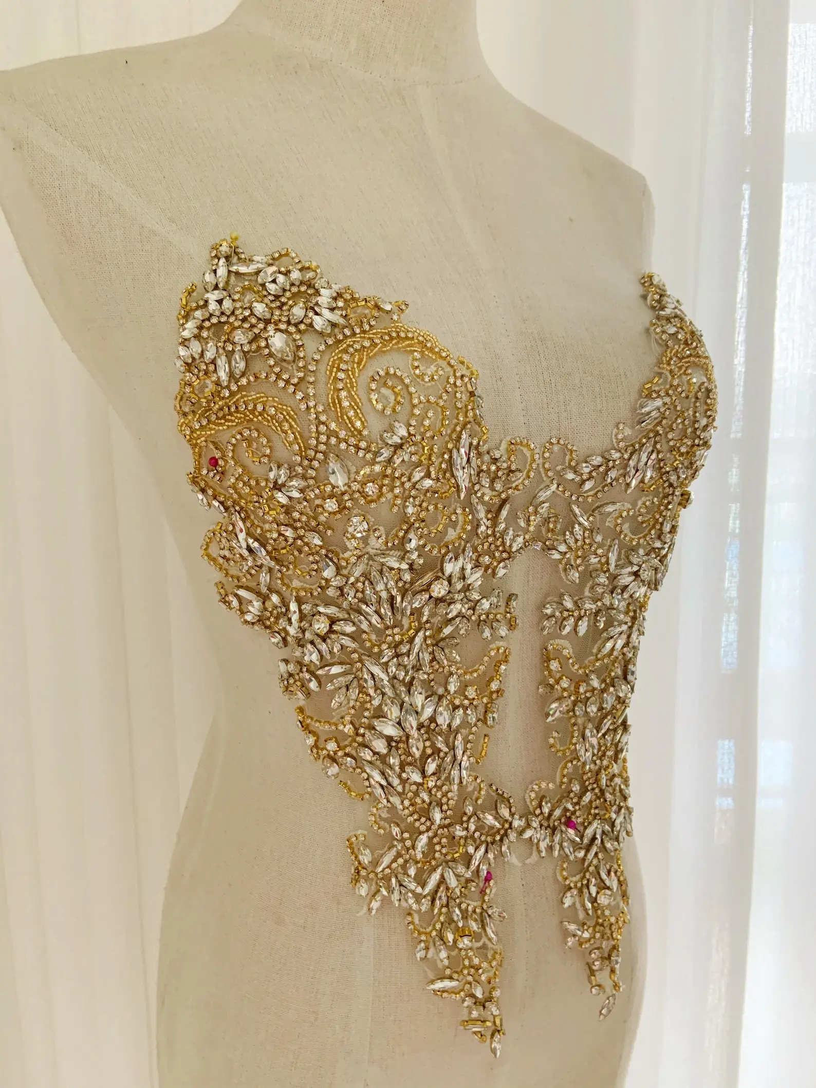 

Gold Rhinestone Applique Crystal Bodice Applique for bridal Deluxe Rhinestone Bodice for Haute Couture Handmade Bodice