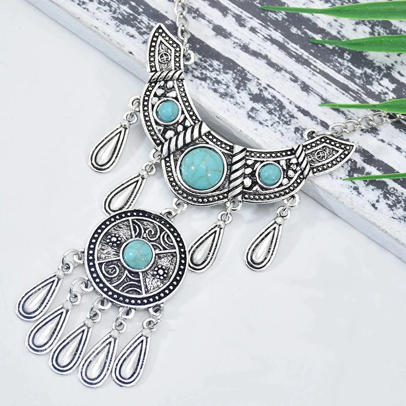 Vintage Ethnic Multilayer Water Drop Tassel Statement Necklaces for Women Boho Blue Beads Carved Silver Color Necklaces Jewelry