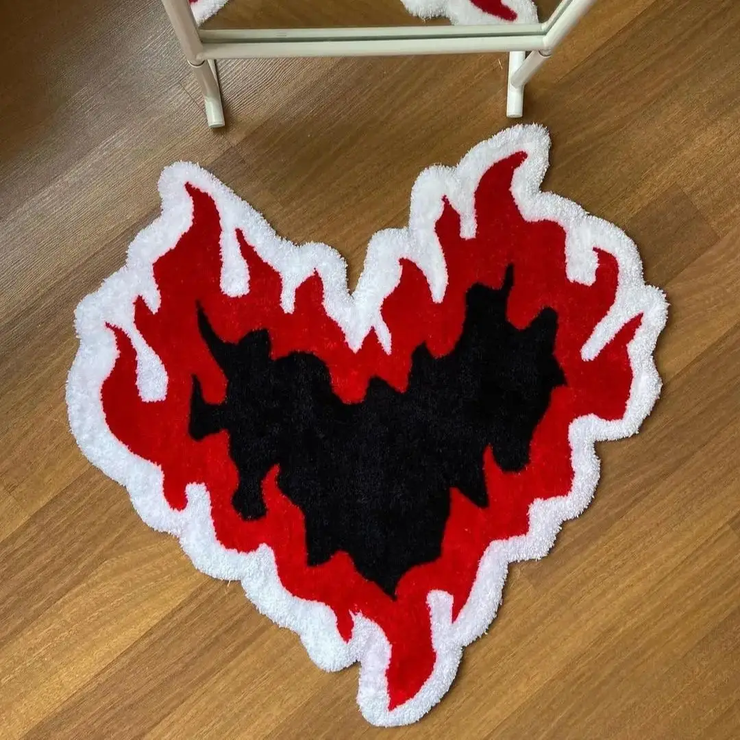 

Black Red White Love Heart Shape Flame Rug Printing Technology Simple Housewarming Gift Handmade Non-Slip Decorative Carpet