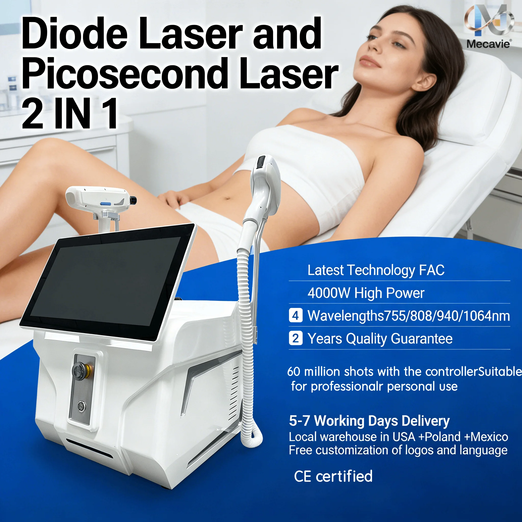 

Лазерный диодный эпилятор 2-в-1 Titanium Ice Platinum 4000 Вт, 755 808 1064 нм, 4 длины волны, ND:YAG, для безболезненного удаления волос