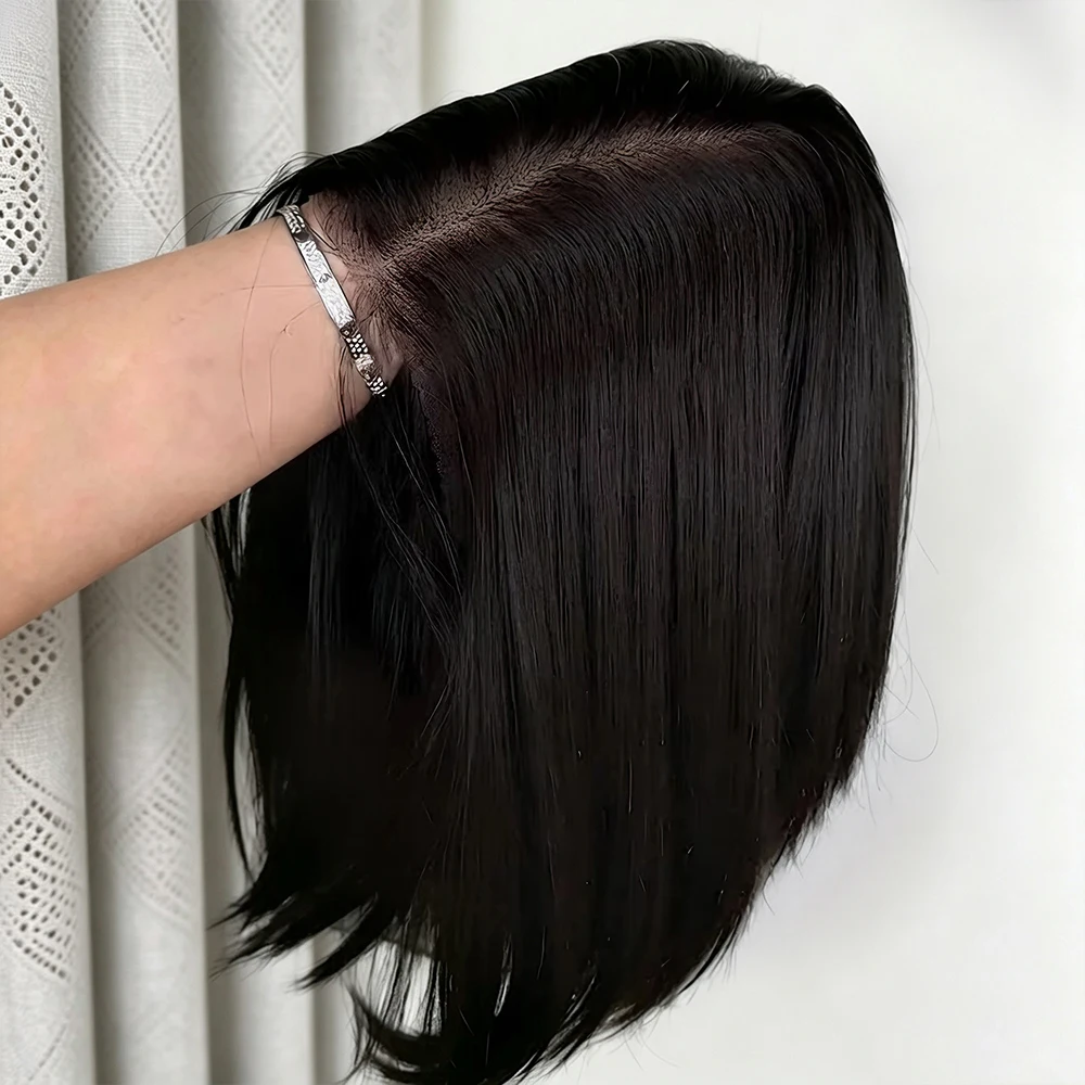 Parrucche corte a taglio bob, con capelli lisci e folti (densità del 250%), pronte da indossare, modello 7x5 senza colla, 13x4, 13x6, con rete frontale trasparente HD, per donna, con ciuffo