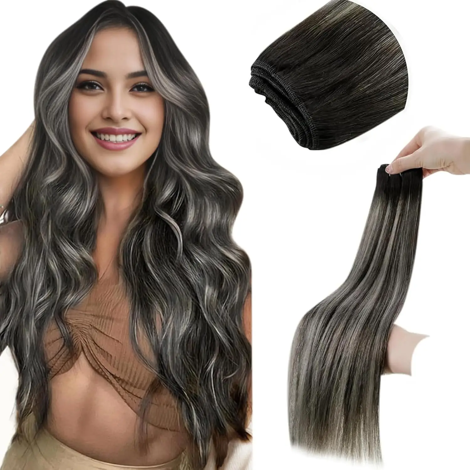 

LaaVoo Bundles Human Hair Sew in Balayage 100% Real Natural Straight Brazilian Human Hair Double Weft Hair Extensions 100G