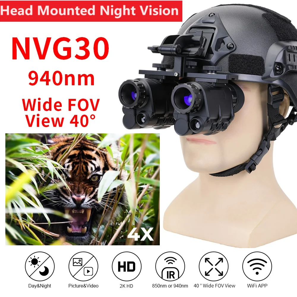 NVG30 Night Vision Goggles, Monocular, HD 1080P, Green, WiFi, IP67, Tactical Helmet Digital, 940nm Infrared Hunting Telescope