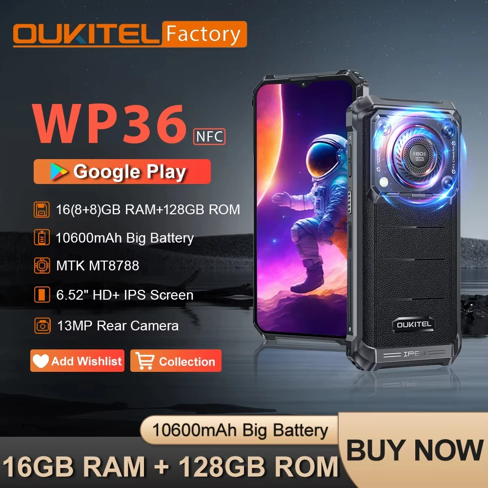 Oukitel WP36 Rugged Smartphone 16GB 128GB Mobile Phone Android 13 13MP Camera 10600mAh 6.52