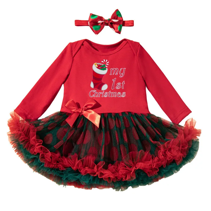 

Baby Girls' Christmas Bodysuit One-Piece Set Red & Green Lace-Trimmed Triangle Crotch Outfit for Infants