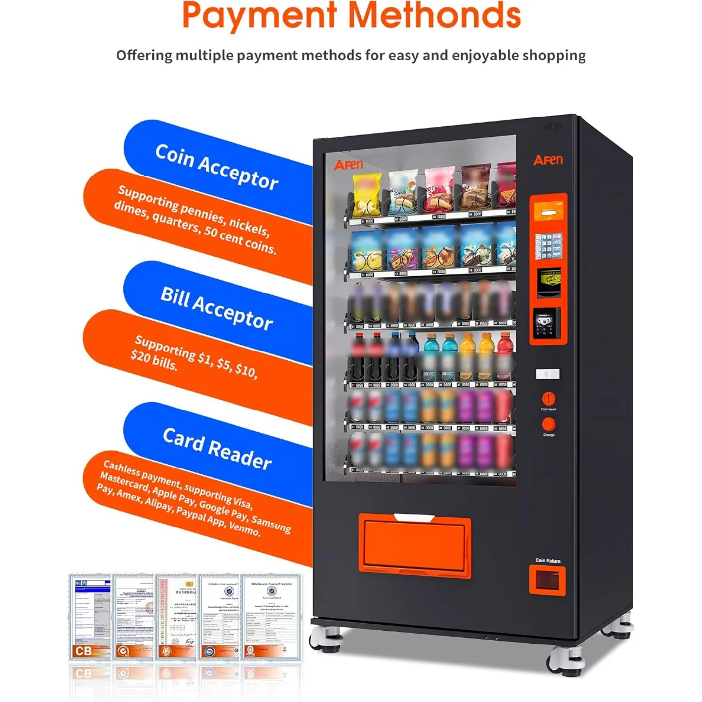 COMMERC!AL VEND!NG MACH!NE W!TH B!LL CO!N ACCEPTOR AND CARD READER 60 SLOT REFR!GERATED BEVERAGE SNACK COMBO DROPSH!PP!NG VEND!NG MACH!NE