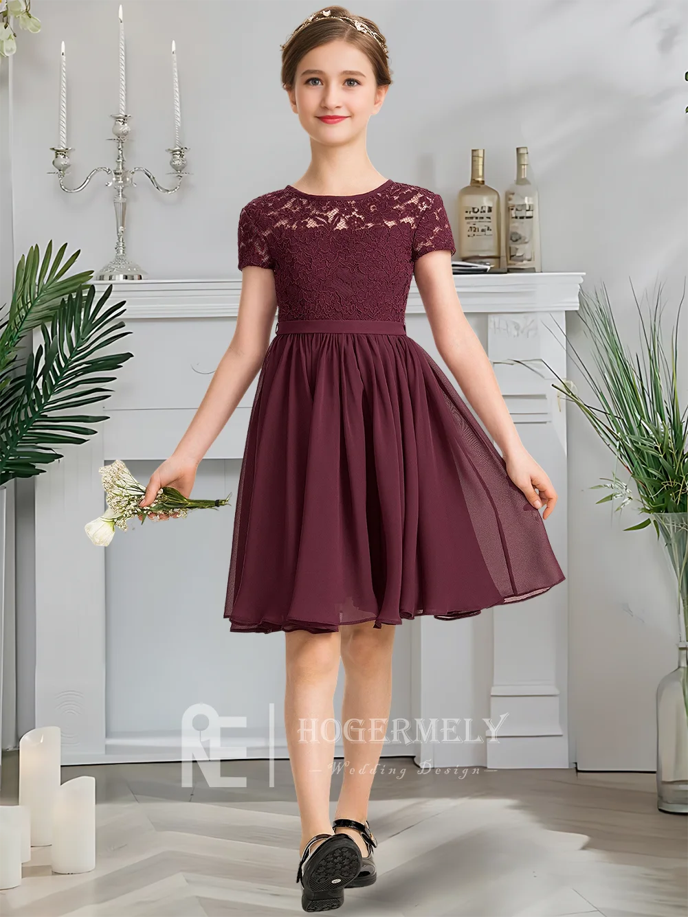 Роскошное платье подружки невесты с круглым вырезом, платье русалки с цветочным узором для девочек, шифоновое кружево длиной до колена с каскадным бантом, свадебная вечеринка