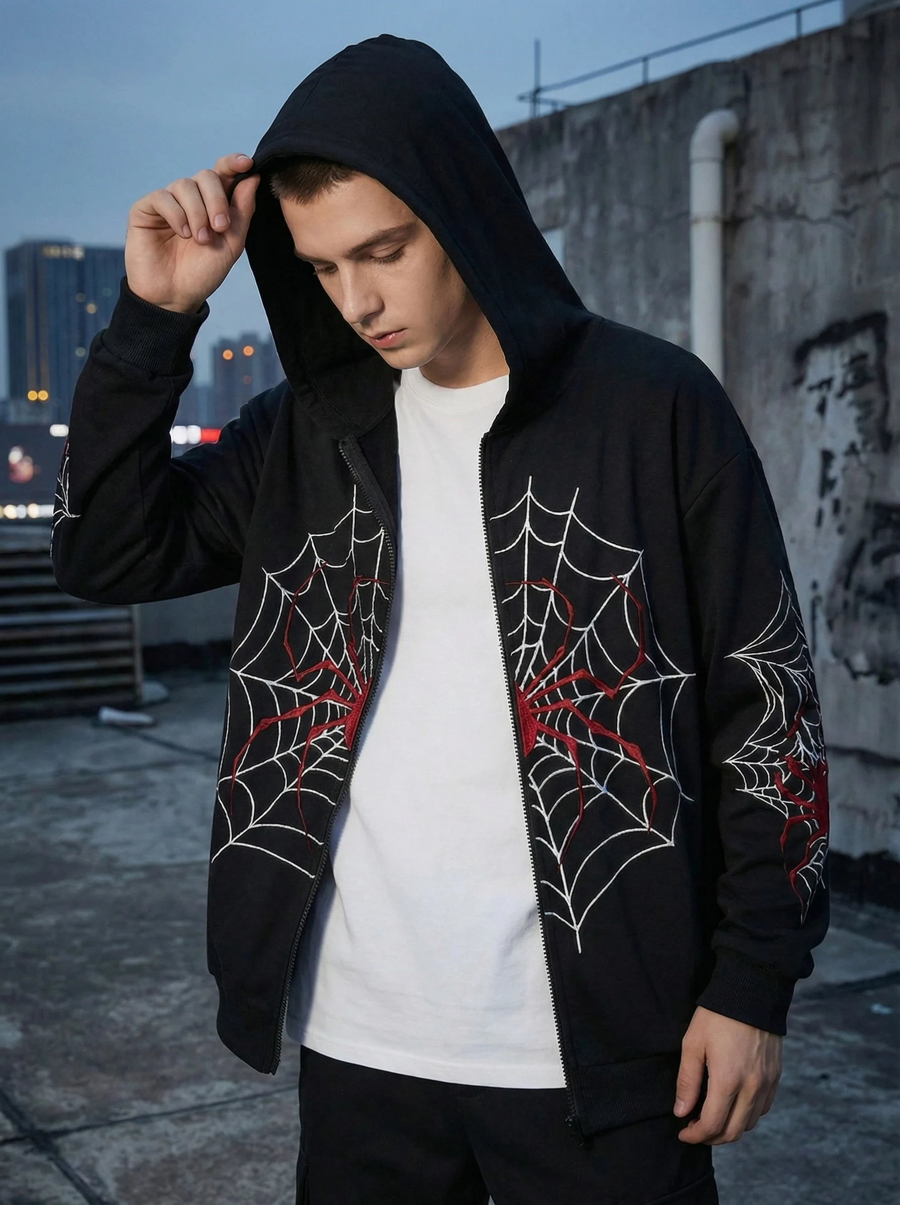 Y2K Gothic Spider Web Print Zip Hoodie, Heavyweight Cotton Loose Fit Zip Front Hooded Coat, Long Sleeve Street Style Hood Jacket with Rib Cuffs