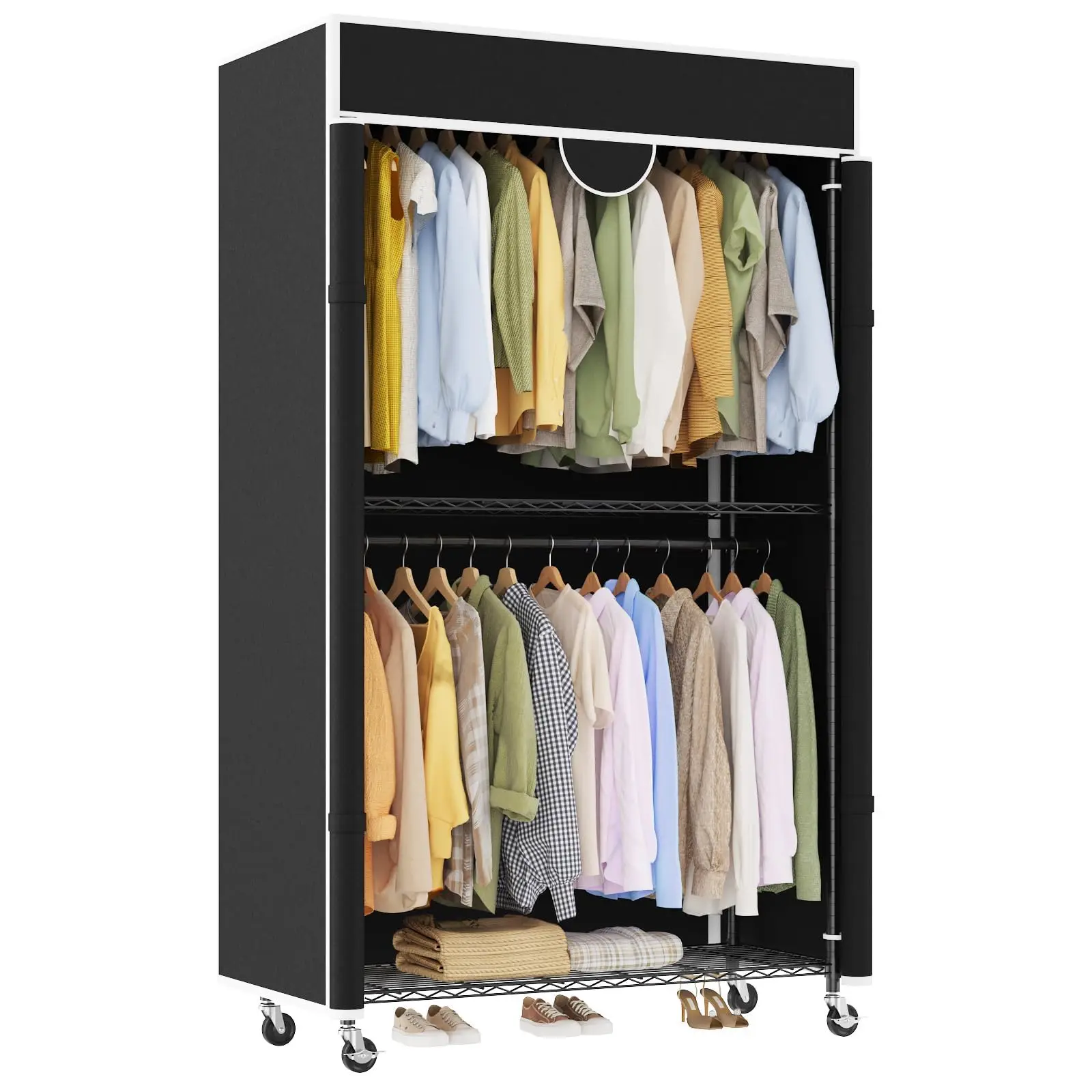 Armadio portatile robusto con ruote – 2 aste per appendere e 3 ripiani regolabili con copertura antipolvere – Dimensioni 114 x 43 x 200 cm, ruote bloc