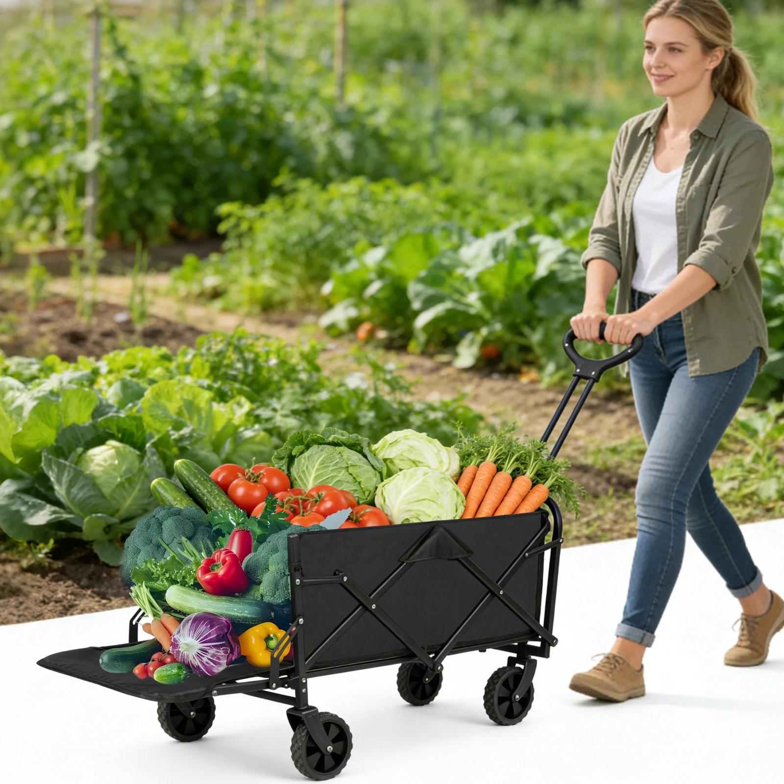 Chariot de camping pliable et extensible, capacité 150L, charge 330LBS, pour le transport de marchandises, pique-nique, courses, voyages en plein air, camping