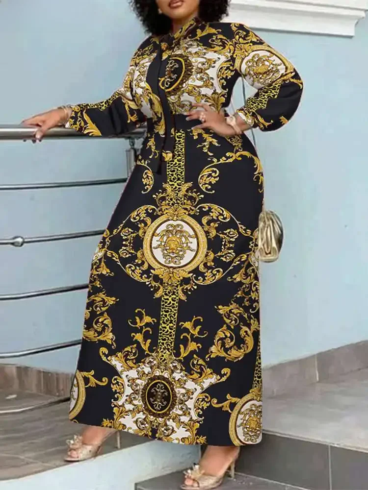 VONDA Maxi Dress 2024 Summer Women Bohemian Printed Party Sundress Long Sleeve Stand Collar Casual Robe Holiday Vestidos Belted — zdjęcie 2