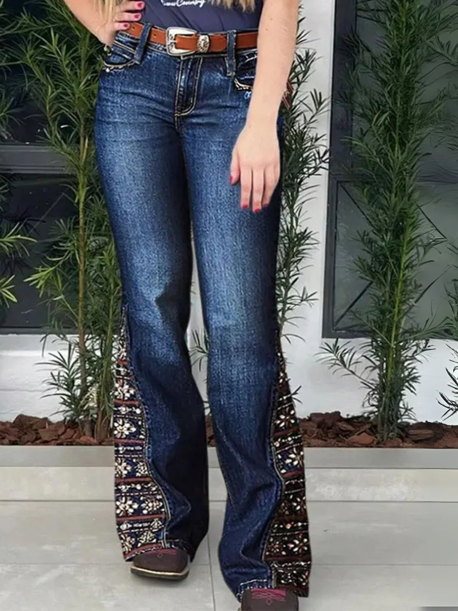 HME [Y2K جينز متوهج] جينز نسائي مطبوع بحاشية بيزلي، سروال فلورا أنيق مطبوع للنساء T04