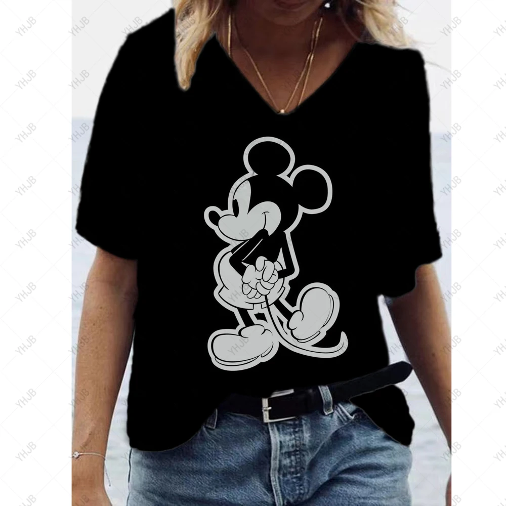 2022 New Casual T Shirt Verão T Shirt Moda Streetwear 3D Disney Minnie Mickey Imprimir Senhoras Soltas V Pescoço Camisa de Manga Curta