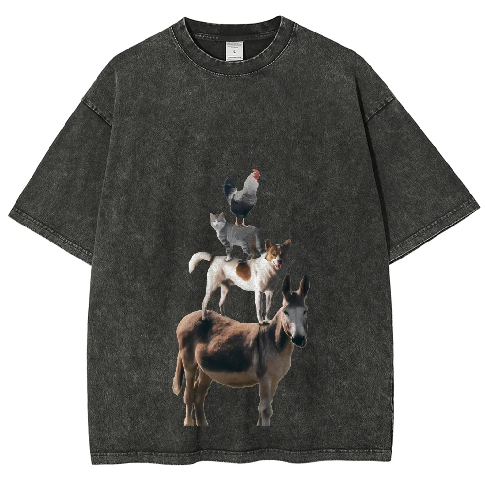 夏用ベージュカジュアルTシャツ　楽しい動物スタックグラフィック　トレンドルーズ半袖ラウンドネックトップス　快適ストリートウェア