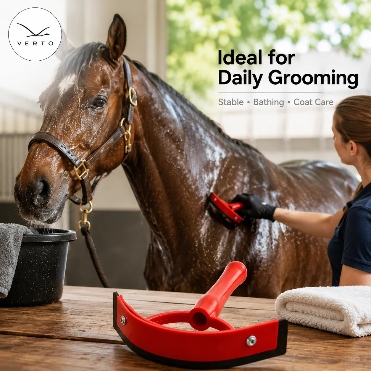Horse Sweat Scraper Water Squeegee Brush Equine Grooming Bathing Tool for Coat Cleaning