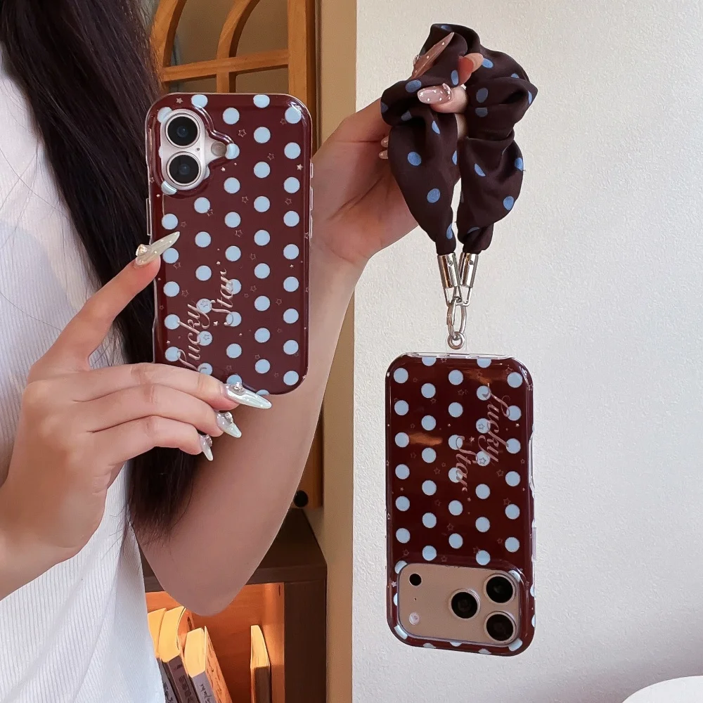 Korean Ins Retro Brown Polka Dot Phone Case for iPhone 18 Pro 15 16 17 18 Pro Max Fashion Anti-Fall Protective Cover, with Charm