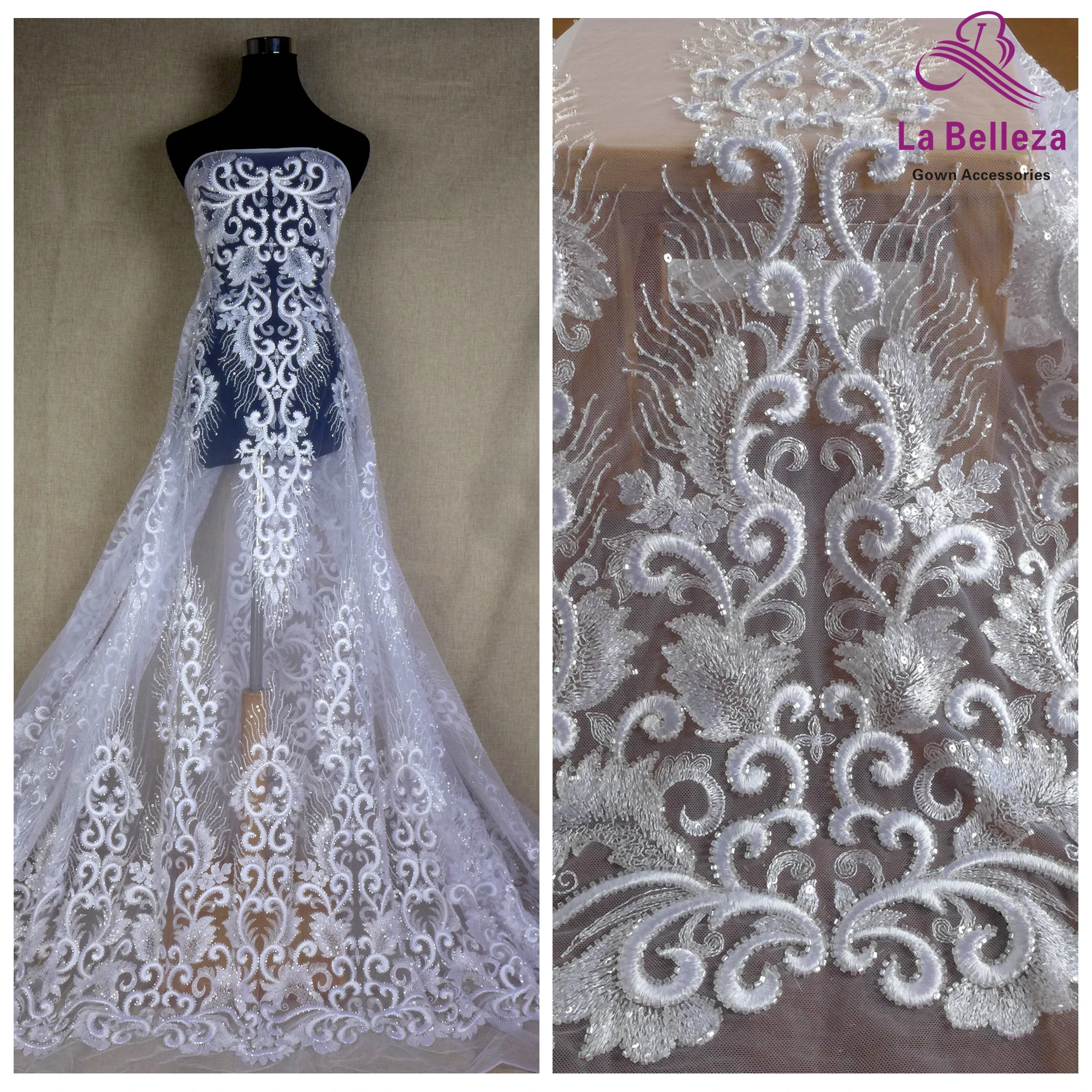 LB Hot fashion bridal lace, heavy embroidery fabric,Off white/pure white beading wedding dress lace fabric 51'' width 1 yard