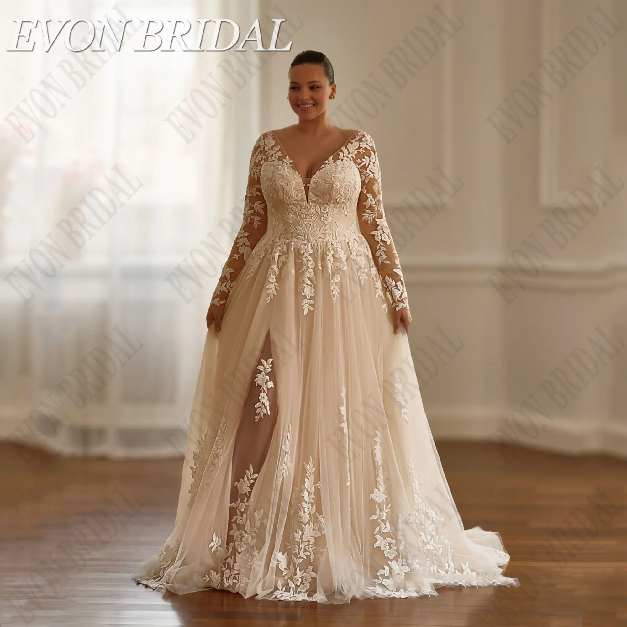 EVON BRIDAL Customized V-Neck Plus Size Wedding Dresses Full Sleeve A-Line Tulle Vestidos De Novia  Applique Long Bride Gowns
