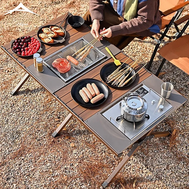 Hispeed Outdoor Camping Składany wielofunkcyjny stół z drewna IGT Kuchenka gazowa Przenośny, lekki stół do grillowania na obóz Stół piknikowy — zdjęcie 2