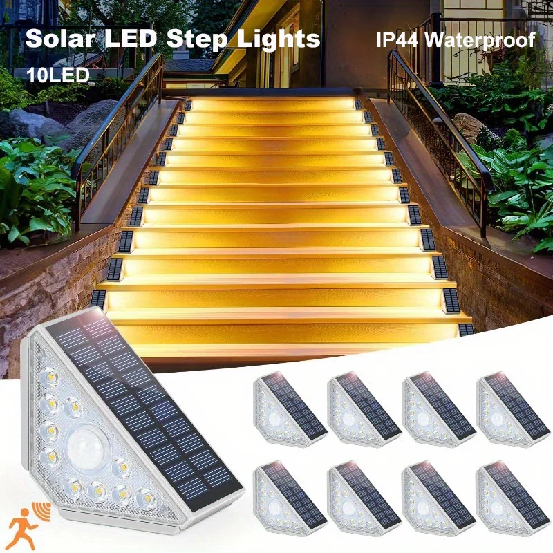 Motion Sensor Outdoor Solar Step Lights 550LM Super Bright 10LED Warm White Stair Light IP44 Waterproof for Porch Patio Deck