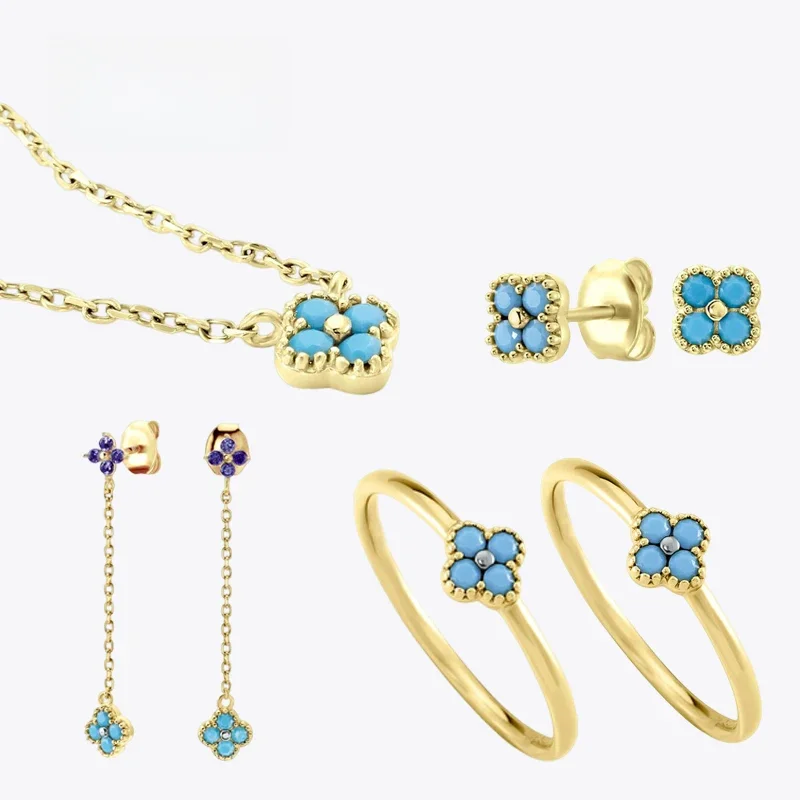 Roxi S925 Sterling Silber Türkis klar Zirkon Blütenblatt geformt Schmuck Set Fingerringe Halskette