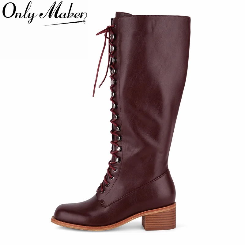

Onlymaker Women Square Toe Knee High Boots Black Matte Gothic Heeled Concise Side Zipper Winter Lace UP Motorcycle Boots