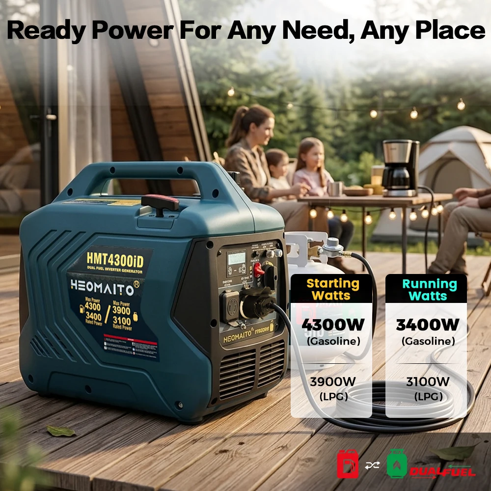 4300W Dual Fuel Inverter Generator, Compact Portable Gas Propane Generator with CO Alert, Fuel Sense Auto Switching, Parallel Ready, RV Ready 30A Adapter, Quiet Clean Power for RV Camping, Travel Trailer, Outdoor Use and Home Emergency Backup Power Source