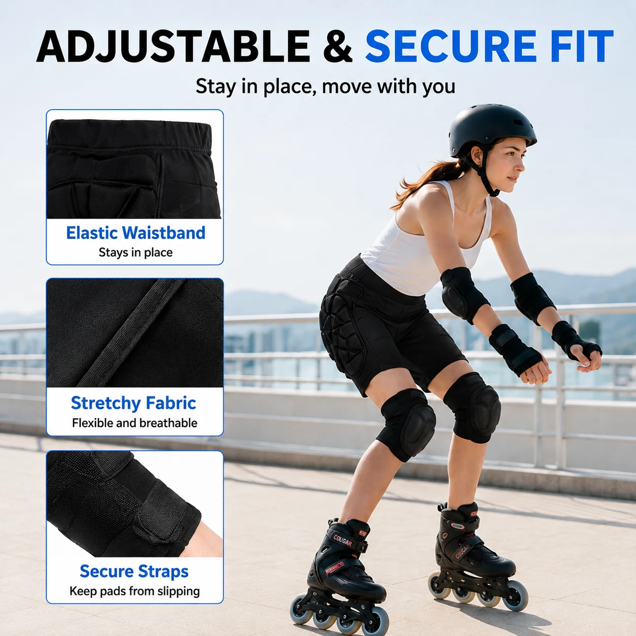 Skate Protective Gear Set Hip Protector Shorts Knee Pads Elbow Pads Shockproof Protection for Skating Cycling Snowboard Fitness