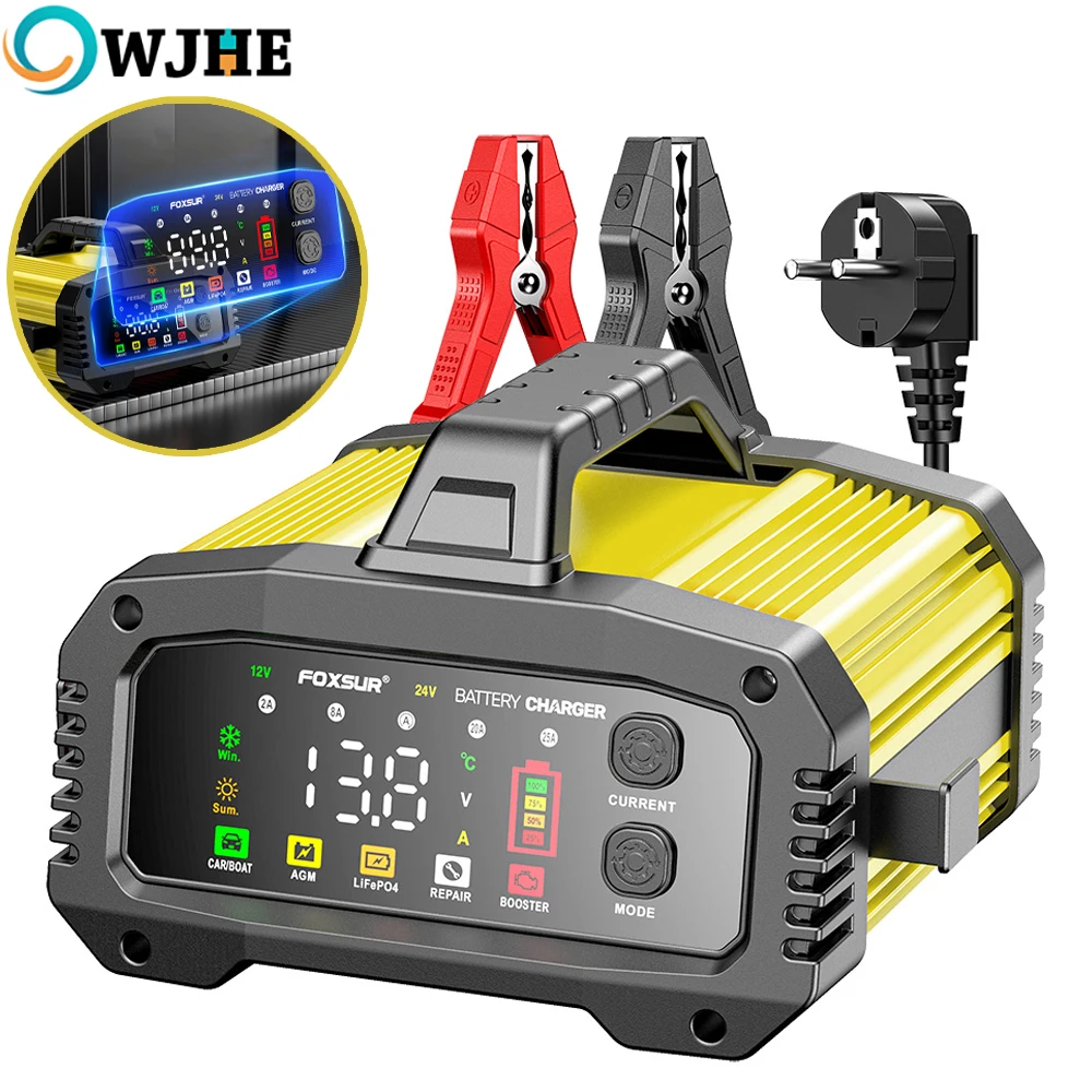 Cargador de Batería Inteligente Portátil OWJHE 25A/15A para Baterías de Plomo-Ácido, AGM, GEL y LiFePo4 de 12V-24V para Motocicletas, con Función de Reparación por Pulsos