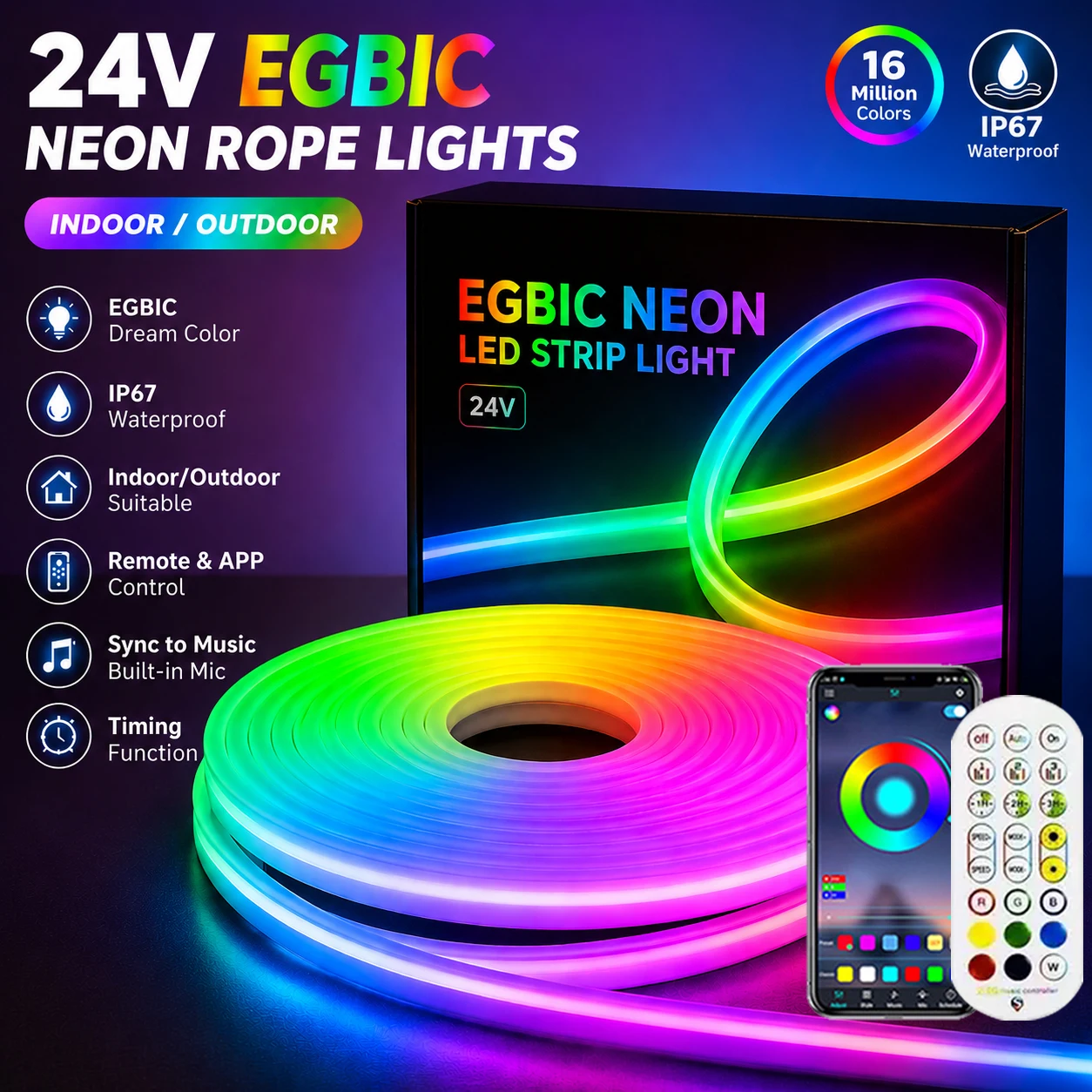 Chasing Rope Light DC24V Neon Rope Lights RGB-IC Neon Strip Light Dreamcolor Chasing ...