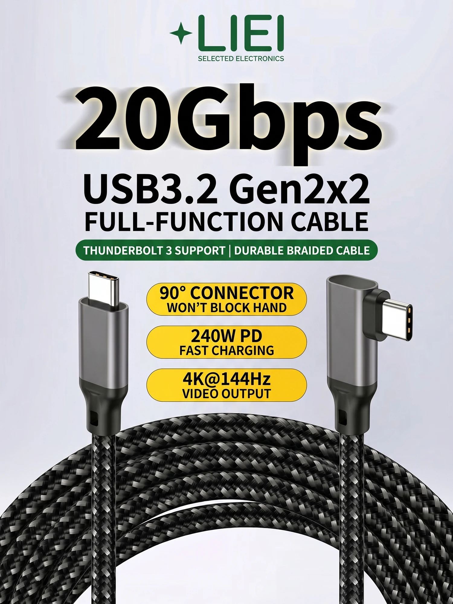 Kabel USB Type C do monitora 90 stopni, 20 Gbps, szybki transfer danych, 5K/4K/2K, USB3.2 Gen2×2, ładowanie 240W, długi/krótki kabel do transmisji danych — zdjęcie produktu 7