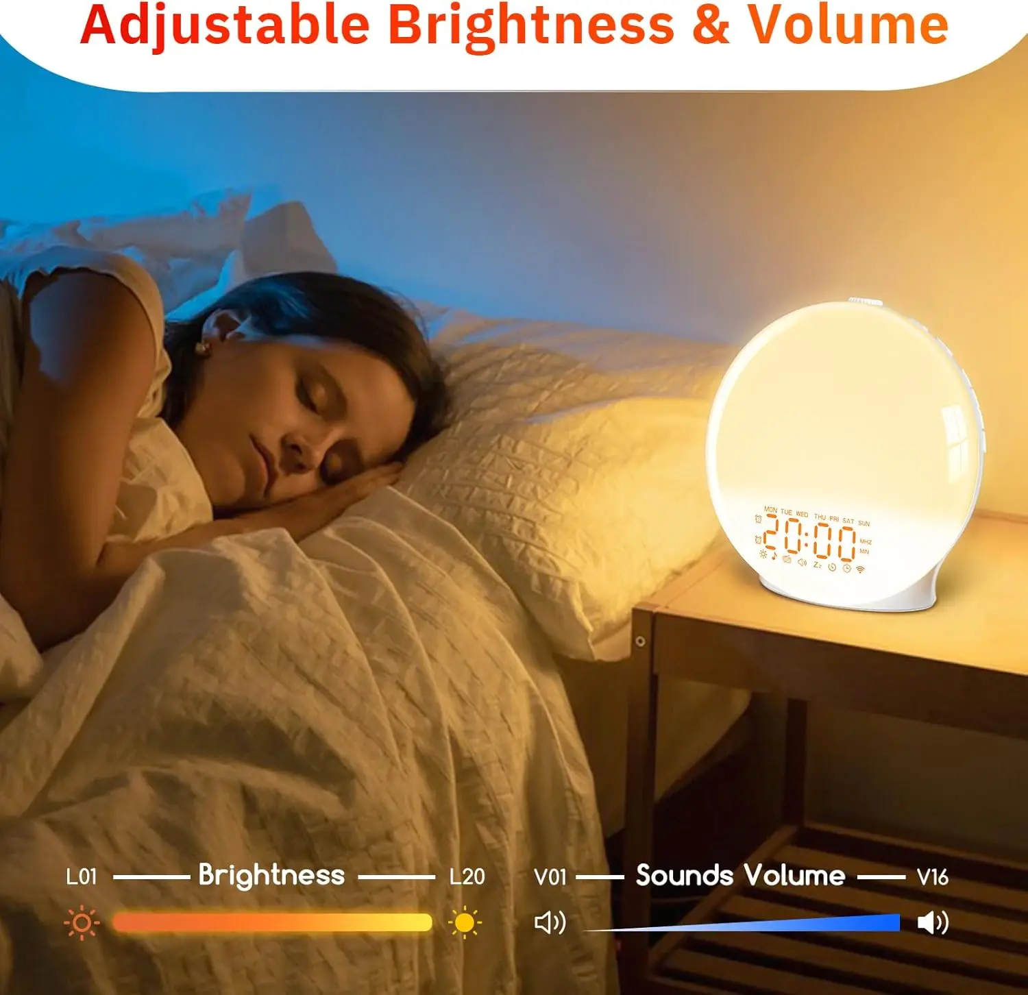 Sunrise Alarm Clock Wake Up Light for Bedroom Heavy Sleepers Adults Dual Alarms FM Radio Snooze 8 Nature Sounds  Night Light