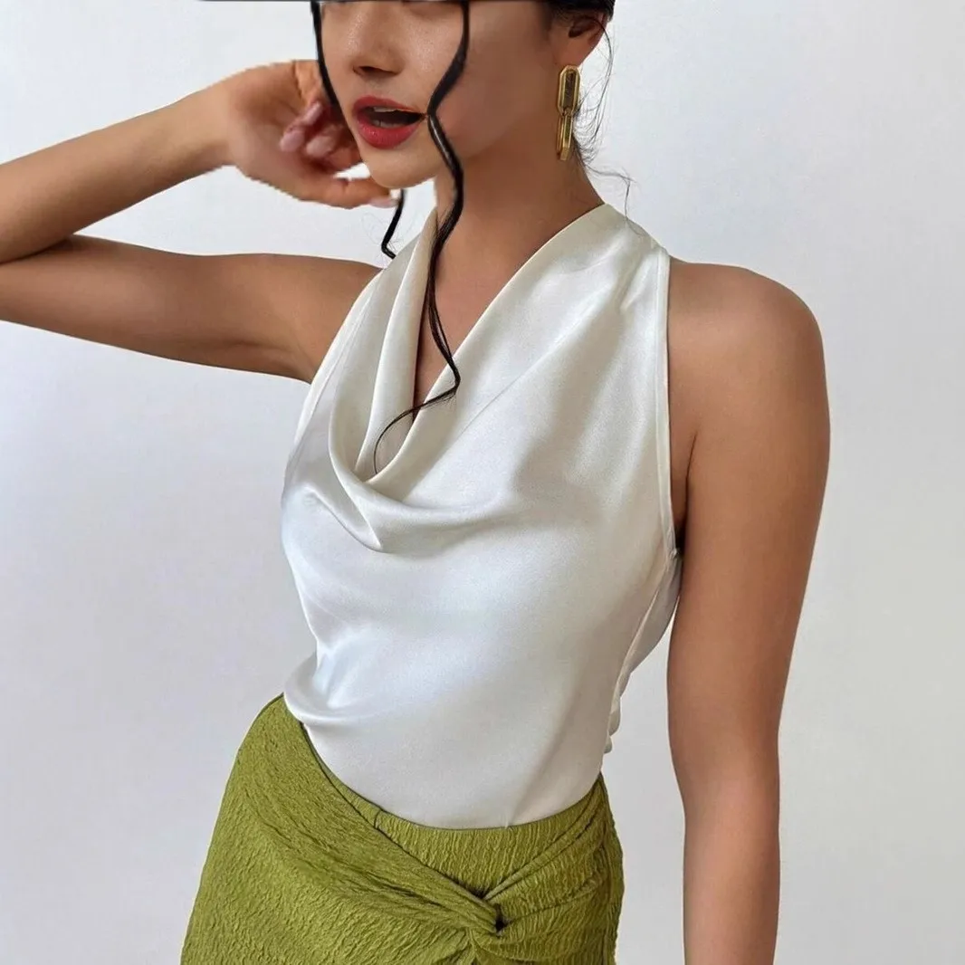 Women's Sleeveless Satin Blouse Solid Color Wrap Neck Ruffle Pullover Tank Top Women Clothing Female Summer Casual Wear Cream