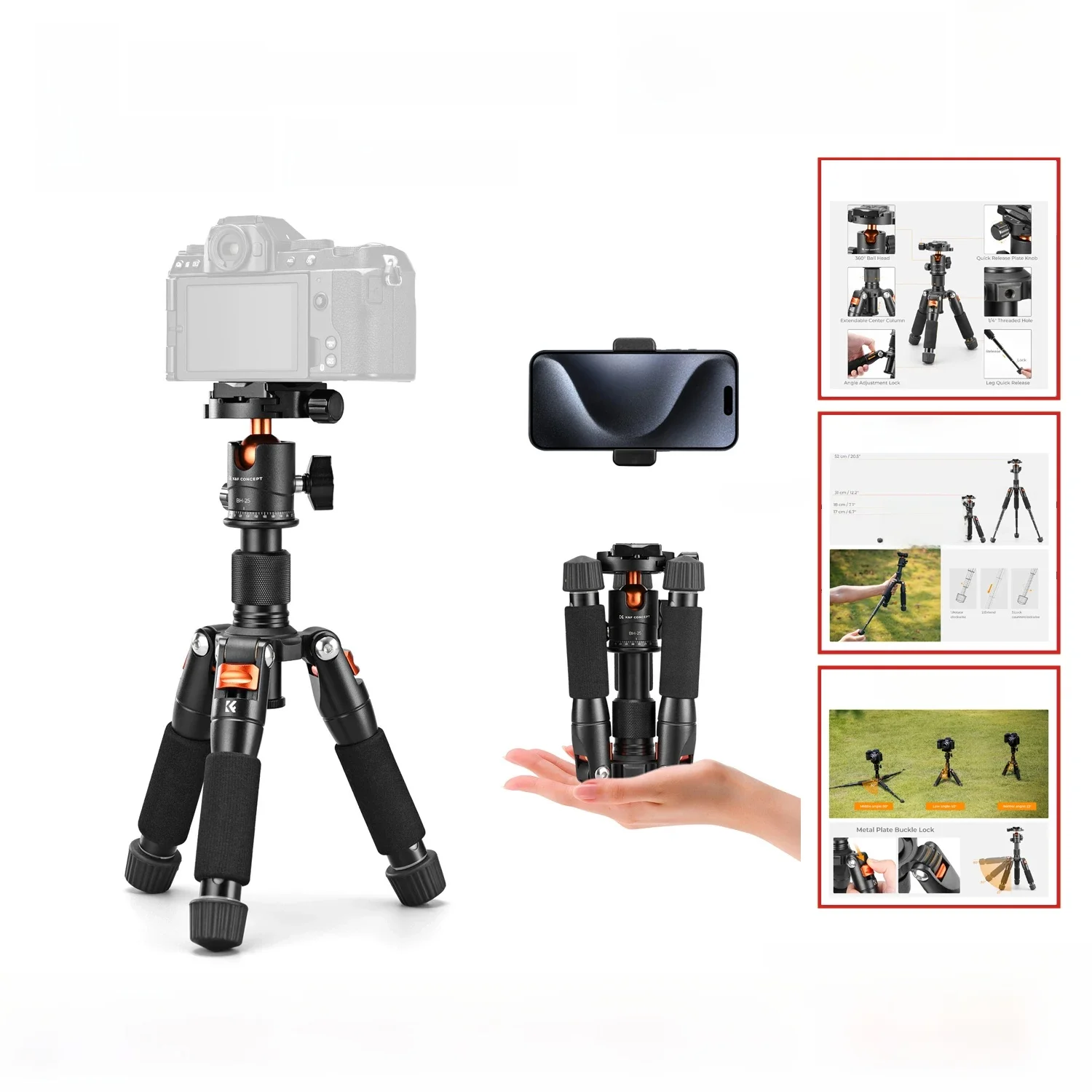 K&F CONCEPT 52cm Mini Statyw Biurkowy do Aparatu Kompaktowy Statyw 360 °   Niskoprofilowa głowica kulowa z gwintem 1/4'' do kamery, wideokamery — zdjęcie produktu 7