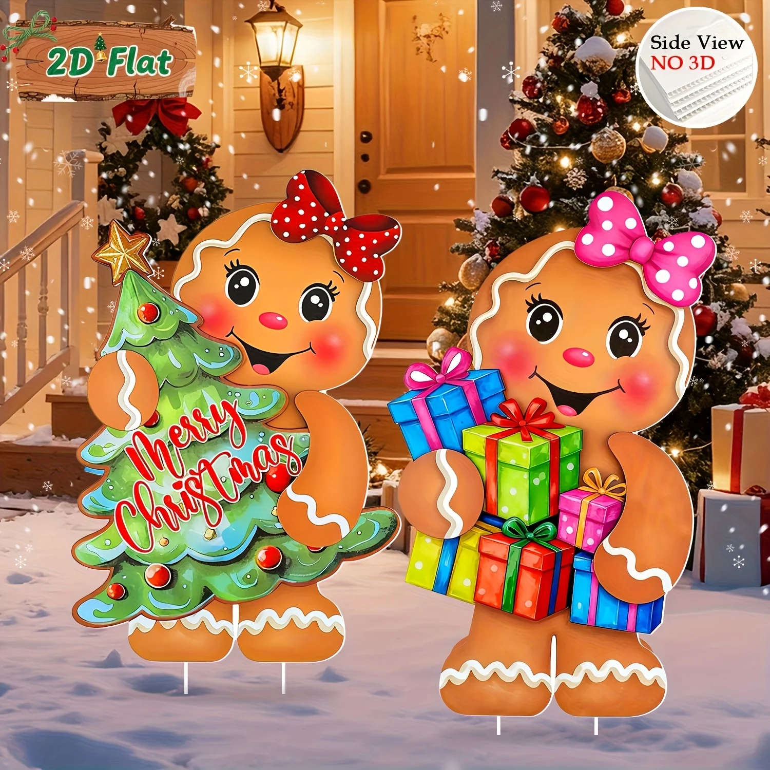 2-teiliges Weihnachts-Lebkuchenmann-Terrassenschild-Set mit Stange – Feiertags-Lebkuchenmann-Dekorationen, langlebige Rasenschilder aus Kunststoff für den Außenbereich – Detail 4