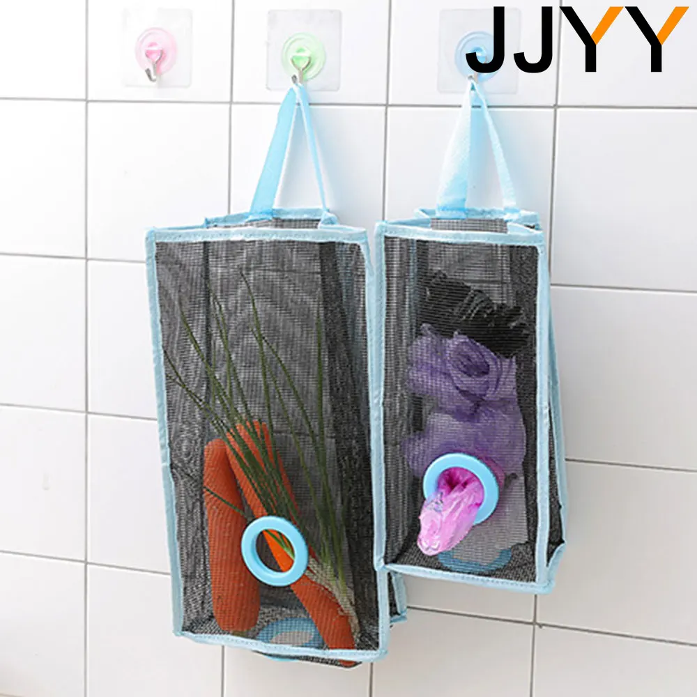 JJYY Grocery Bags Holder Organizer Trash Bag Hanging Storage Mesh Dispenser Kitchen Reusable Garbage Bag Wall Mount