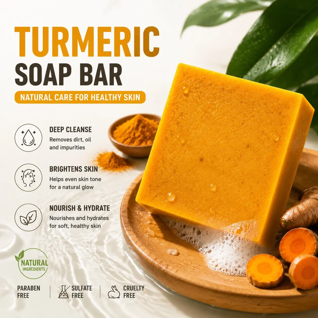Turmeric & Kojic Brightening Soap With Foaming Mesh Pouch, Handmade Cleansing Bar For Face, Body & Hands, Daily Refreshing Skincare Soap, Natural Glow