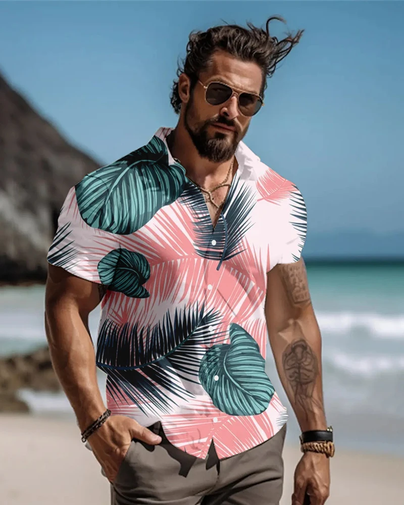 

3D Printed Pattern Short Sleeve Shirt Tropical Leaves Loose Button Breathable Shirt Men's Short Sleeve Folded Collar Shirt