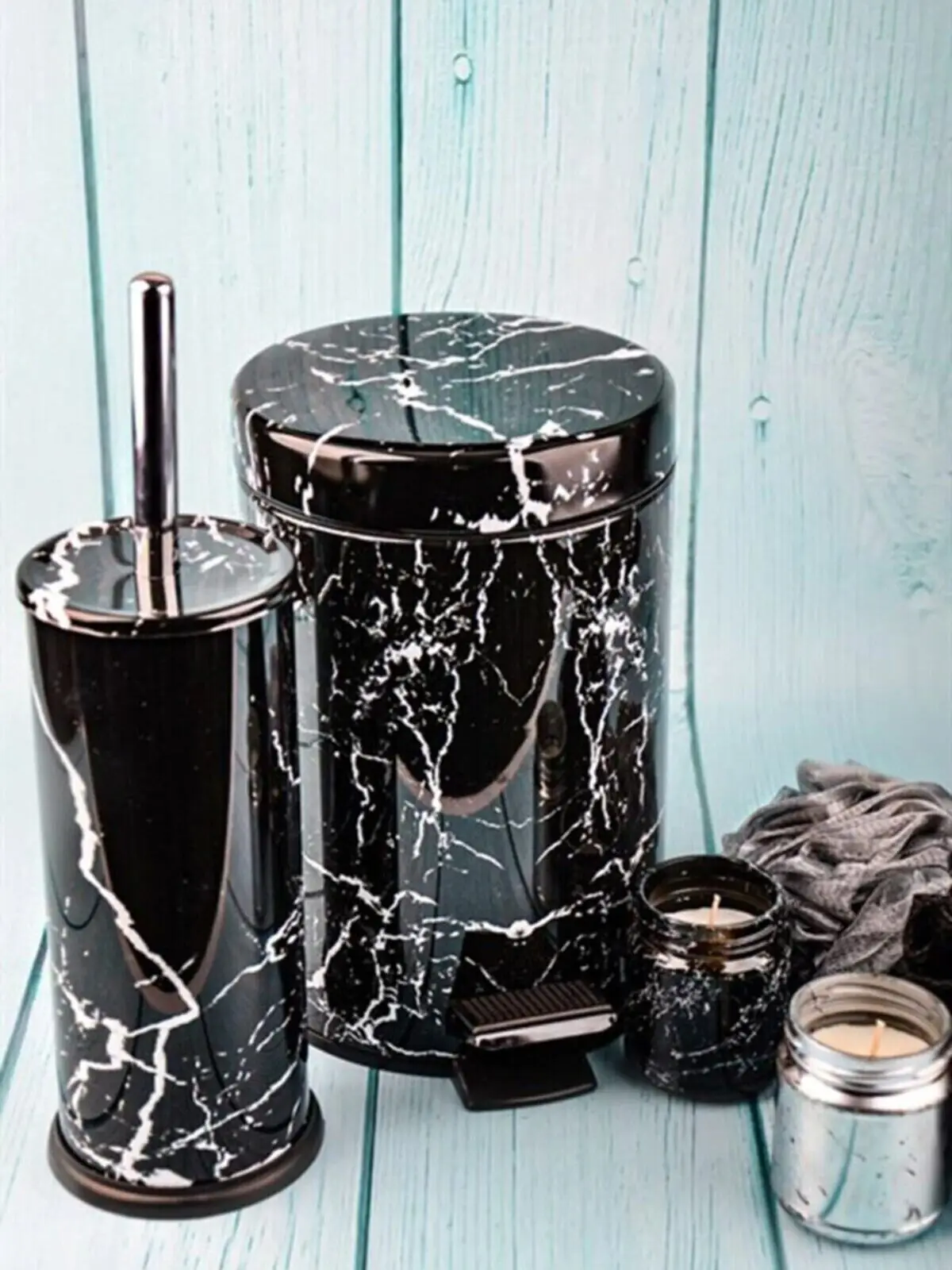 Pedal Garbage Bucket Toilet Wc Brush Bathroom Garbage Bucket 2'li Bathroom Set Black Marble Pattern 5 Liter Bath Accessories Sets