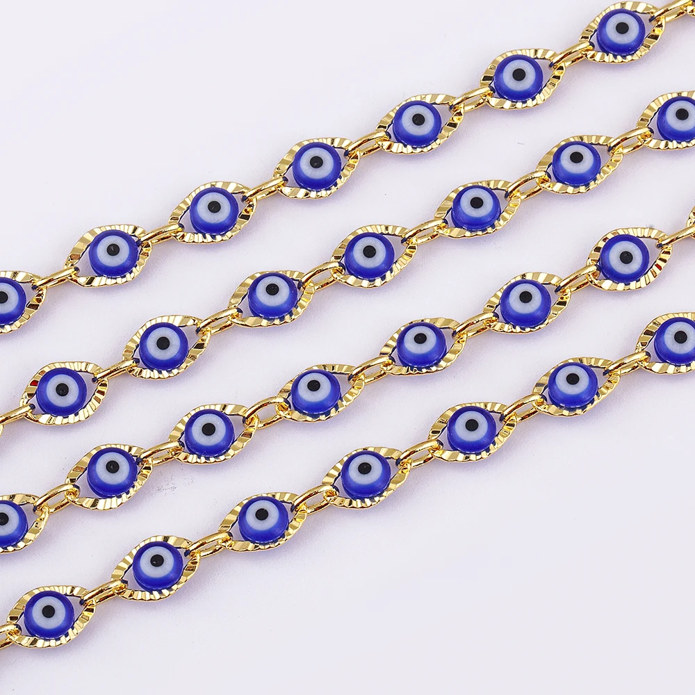 Fashion Blue Evil Eye Beaded Chains Copper Metal Round Beads for DIY Necklace Bracelets Anklet Making Findings Handmade Jewelry