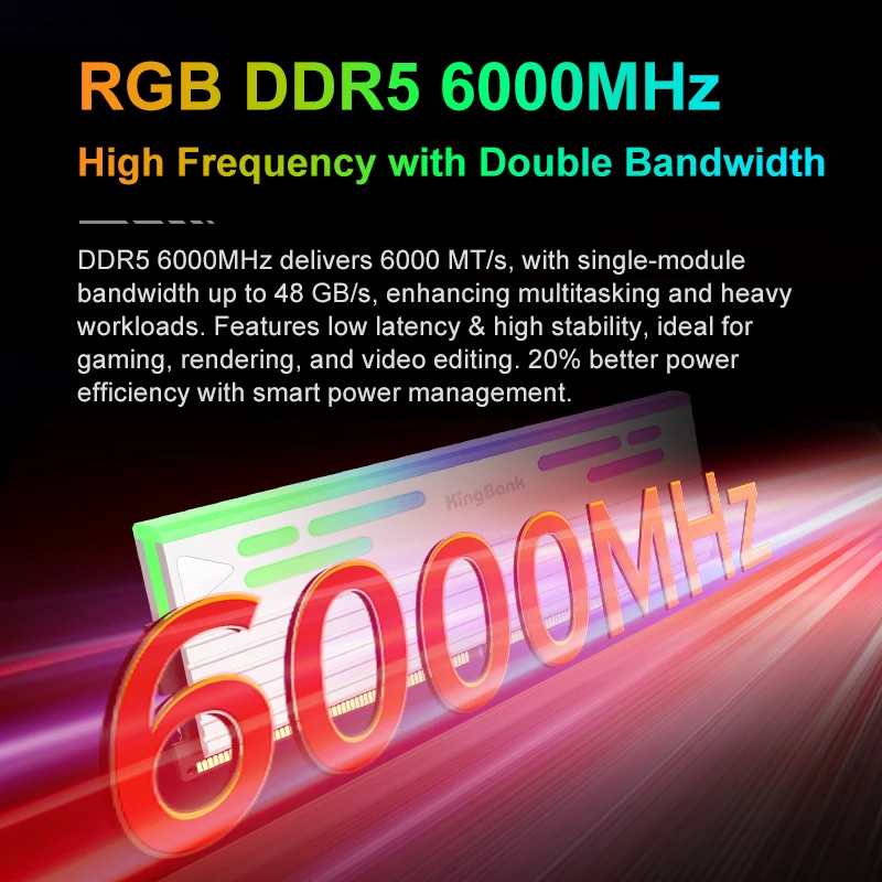 KingBank 32GB DDR5 6000MHz CL26 RGB Pamięć Dual Channel Overclocking XMP3.0 EXPO 16GBx2 do gier i systemów o wysokiej wydajności