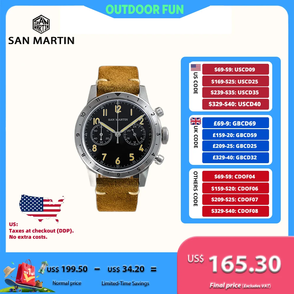 

San Martin 39.5mm VK64 Men Speed Chronograph Watch Quartz Wristwatch Vintage Suede Leather Strap Pilot 10Bar Reloj SN0127JS