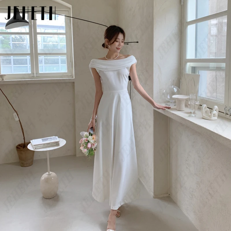 JEHETH Chiffon Cap Sleeve Korea Wedding Dresses Women Simple Pleat Bow Bridal Gowns Elegant Backless Photography 웨딩드레스 A-Line