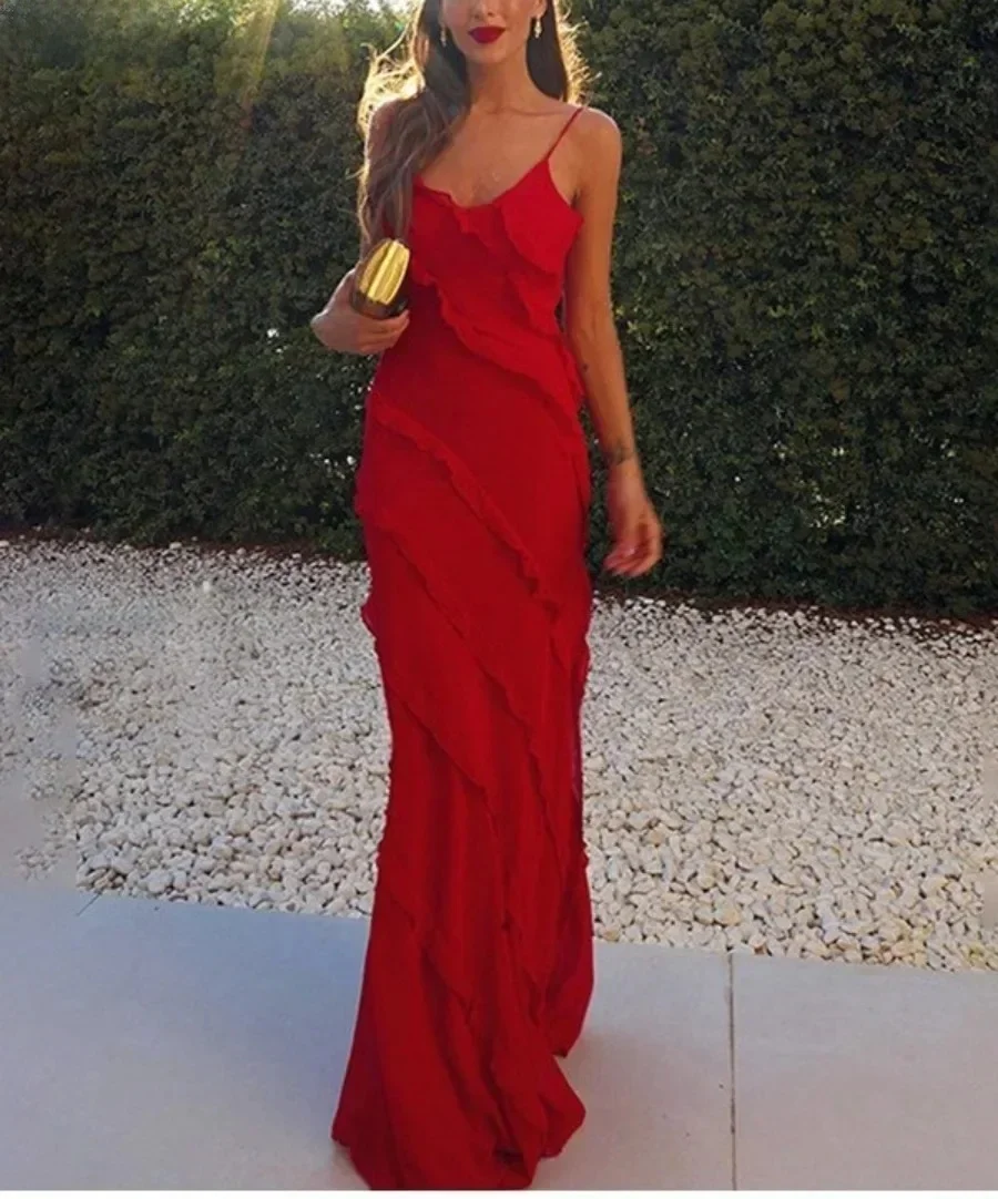 nieuwe 2026 vrouwen ruches chiffon maxi jurk backless split sexy prom jurk rode lange zomer bruiloft jurk elegante vestidos - afbeelding 2